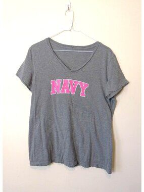 Womens' Navy Graphic Pink Heather Grey V-Neck T-Shirt Size Large